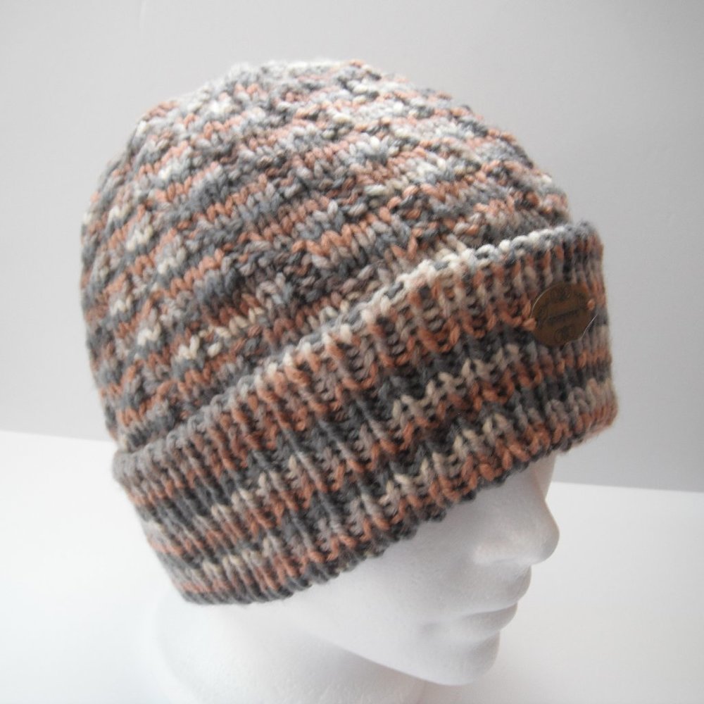 Hand Knitted Hat Toque Adult Size - L Acrylic Brown/Gray - 023 Hand knit by me
